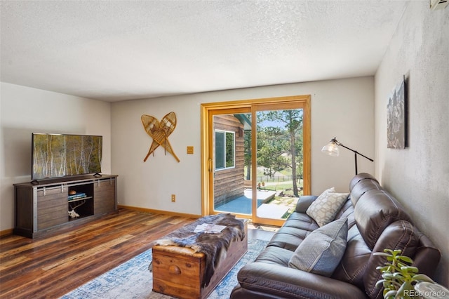 living room with dark hardwood / wood-style flooring and a textured ceiling