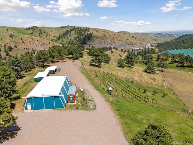 birds eye view of property featuring a mountain view and a rural view