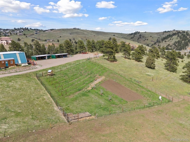 birds eye view of property with a mountain view and a rural view