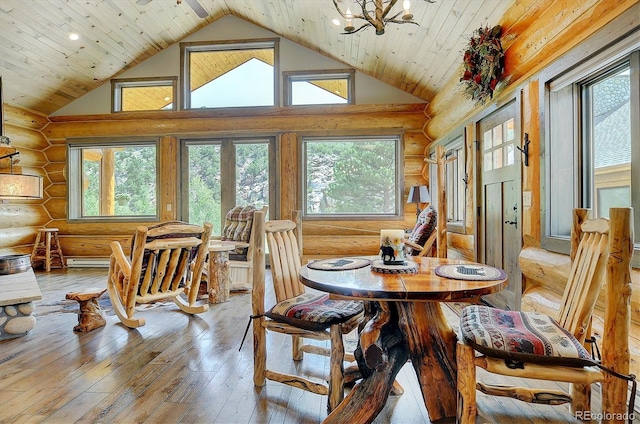 dining space featuring high vaulted ceiling, a notable chandelier, wood-type flooring, wood ceiling, and log walls