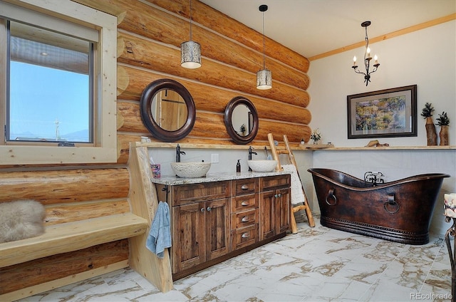 full bathroom featuring a sink, marble finish floor, log walls, double vanity, and a freestanding bath