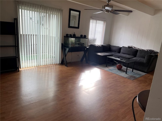 9995 E Harvard Ave Unit 177, Denver, CO 80231 - living area featuring a ceiling fan and wood finished floors