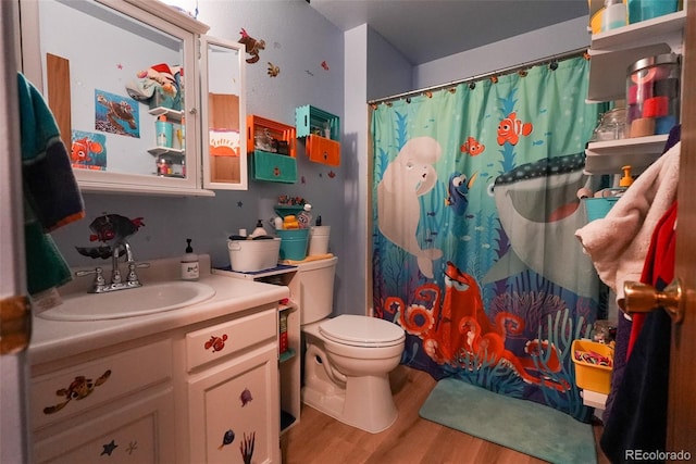 19258 E Kansas Dr, Aurora, CO 80017 - full bathroom with wood finished floors, vanity, and curtained shower