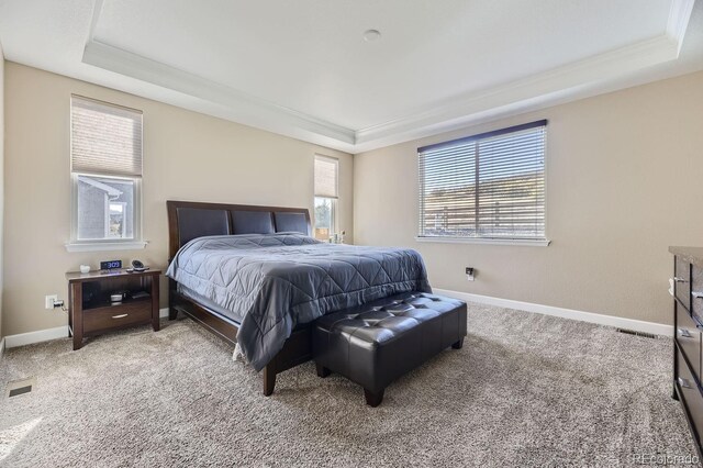 carpeted bedroom featuring ornamental molding and a raised ceiling