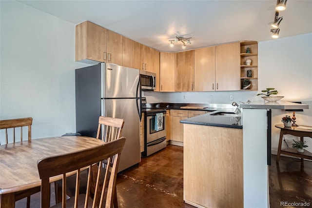 500 E 11th Ave Unit 205, Denver, CO 80203 - kitchen featuring stainless steel appliances, light brown cabinets, open shelves, finished concrete floors, and dark countertops