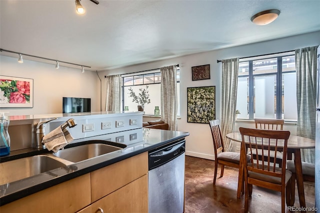 500 E 11th Ave Unit 205, Denver, CO 80203 - kitchen featuring dishwasher, rail lighting, healthy amount of natural light, and dark countertops