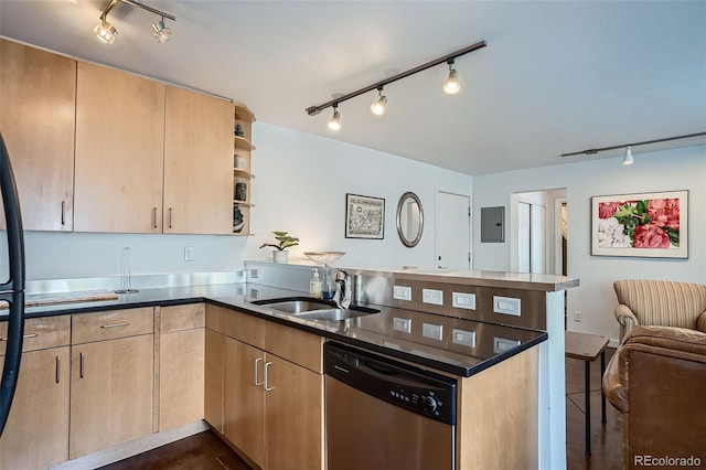 500 E 11th Ave Unit 205, Denver, CO 80203 - kitchen with stainless steel dishwasher, rail lighting, a peninsula, and light brown cabinetry