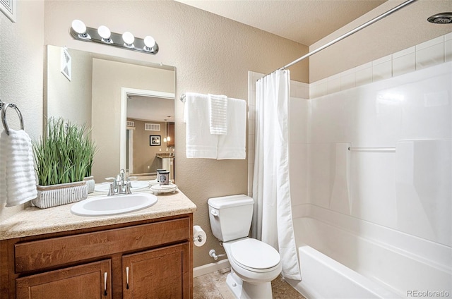 1144 Rockhurst Dr Unit 105, Highlands Ranch, CO 80129 - bathroom featuring a textured wall, toilet, vanity, and shower / tub combo with curtain