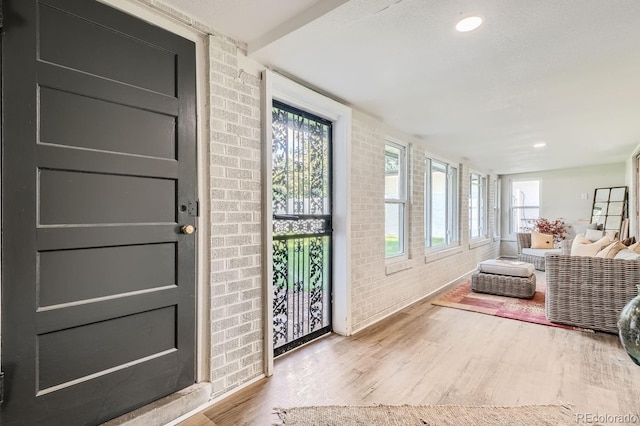 interior space with hardwood / wood-style flooring and brick wall