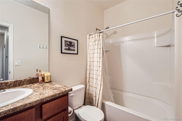 bathroom with vanity, toilet, and shower / tub combo with curtain