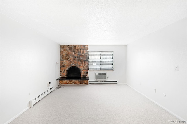 unfurnished living room with a baseboard heating unit, carpet, and a wall mounted AC