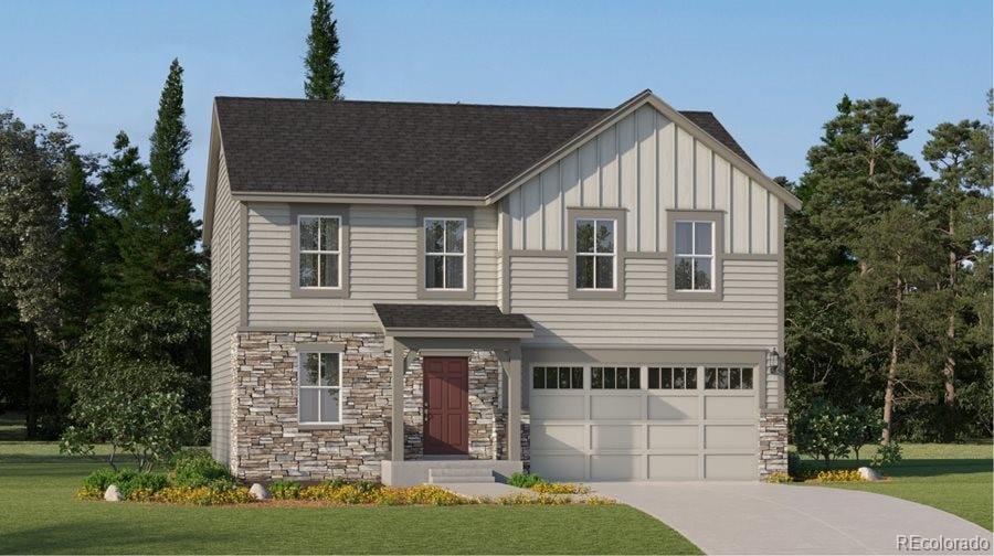 15285 Milwaukee St, Thornton, CO 80602 - view of front of home featuring stone siding, board and batten siding, driveway, a front yard, and a garage