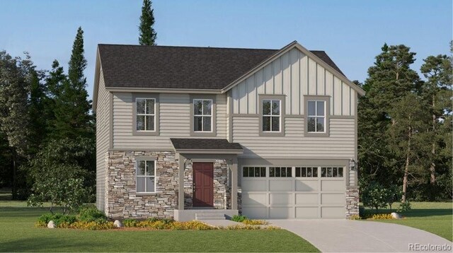 view of front of home featuring stone siding, board and batten siding, driveway, a front yard, and a garage