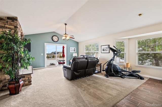 1128 S Duquesne Cir, Aurora, CO 80018 - workout room featuring ceiling fan, baseboards, wood finished floors, and vaulted ceiling