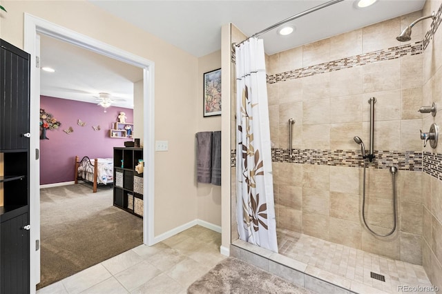 1128 S Duquesne Cir, Aurora, CO 80018 - full bath with tiled shower, ceiling fan, recessed lighting, connected bathroom, and tile patterned floors