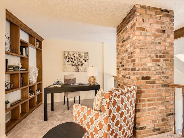 home office featuring light colored carpet and a textured ceiling