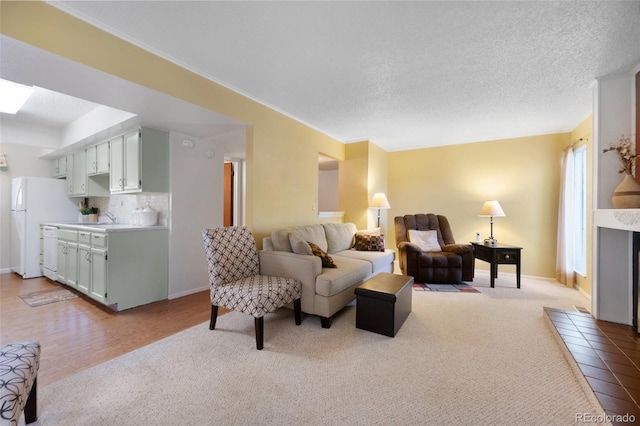 5082 Masheena Ln Unit 4, Colorado Springs, CO 80917 - carpeted living room featuring baseboards, a sink, and a textured ceiling