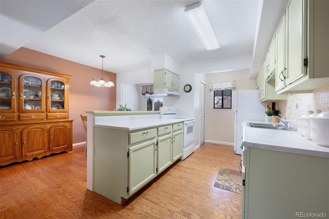 5082 Masheena Ln Unit 4, Colorado Springs, CO 80917 - kitchen with white range with electric stovetop, a peninsula, a sink, green cabinets, and a textured ceiling
