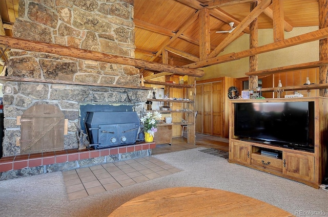 28453 County Road 337, Buena Vista, CO 81211 - living area with carpet floors, beam ceiling, high vaulted ceiling, and wooden ceiling