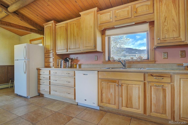 28453 County Road 337, Buena Vista, CO 81211 - kitchen featuring a sink, white appliances, light countertops, wooden ceiling, and vaulted ceiling with beams