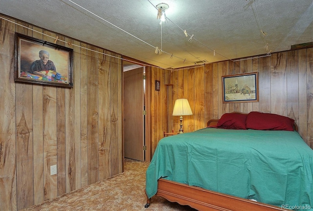 28453 County Road 337, Buena Vista, CO 81211 - bedroom featuring wooden walls, a textured ceiling, and carpet flooring