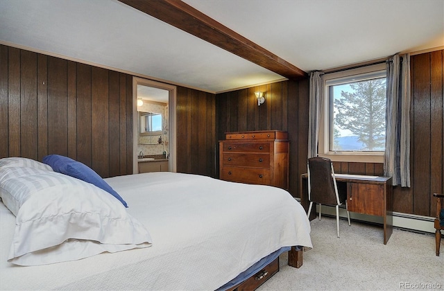 28453 County Road 337, Buena Vista, CO 81211 - bedroom featuring a sink, wood walls, beam ceiling, and light colored carpet