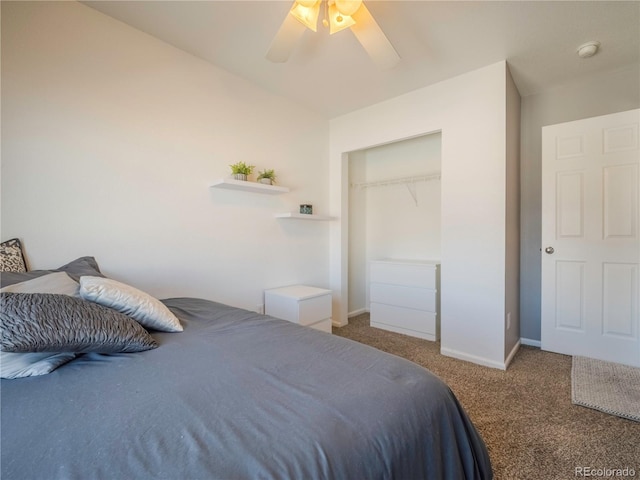 bedroom with a closet, ceiling fan, and carpet floors