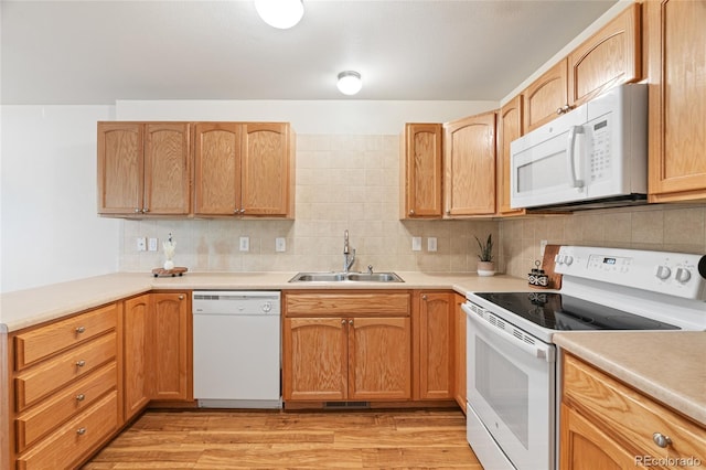 135 Carina Cir Unit 104, Loveland, CO 80537 - kitchen featuring white appliances, light wood finished floors, decorative backsplash, and light countertops
