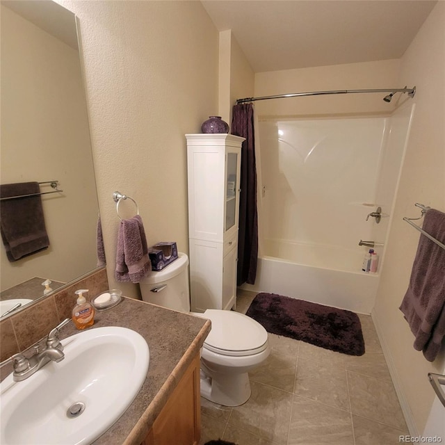 full bathroom with vanity, toilet, shower / bathtub combination with curtain, and tile patterned flooring