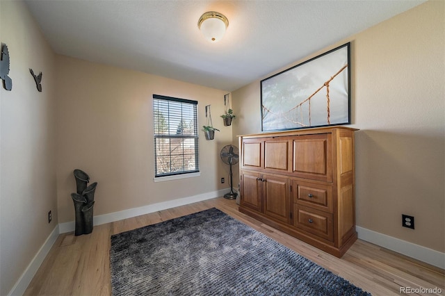 interior space featuring light wood-type flooring and baseboards