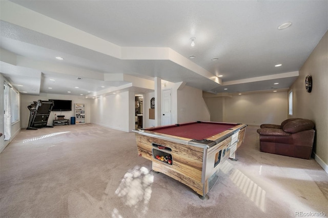 playroom featuring light carpet, pool table, baseboards, and recessed lighting