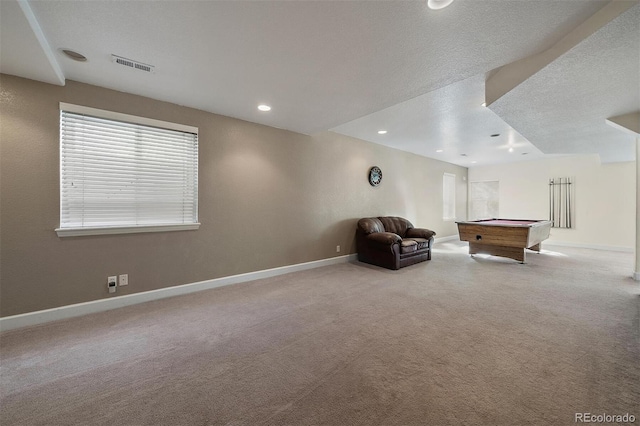 game room with baseboards, visible vents, pool table, carpet floors, and recessed lighting