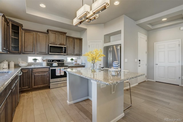 kitchen featuring a raised ceiling, a kitchen island, decorative light fixtures, and appliances with stainless steel finishes