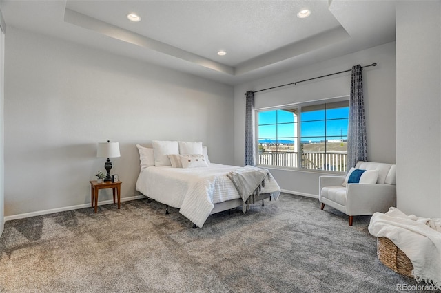 bedroom with carpet and a tray ceiling