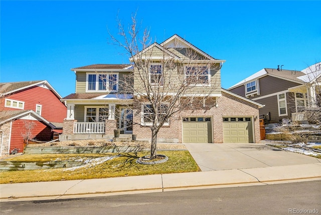 craftsman-style house with concrete driveway, brick siding, and a garage