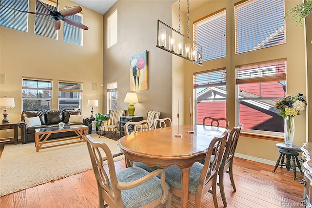 dining area with baseboards, wood-type flooring, and ceiling fan with notable chandelier