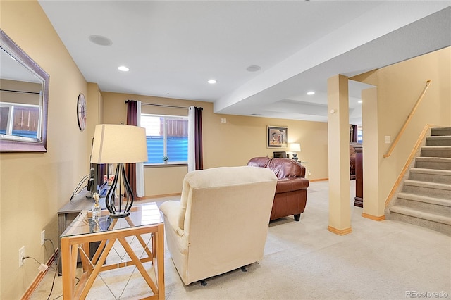 living area with light colored carpet, stairway, recessed lighting, and baseboards