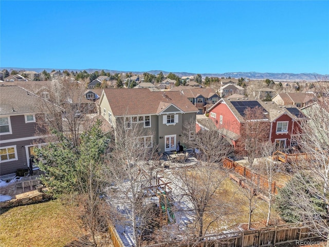 bird's eye view featuring a residential view and a mountain view