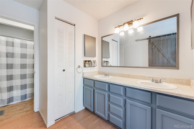 full bath featuring double vanity, wood finished floors, a closet, and a sink