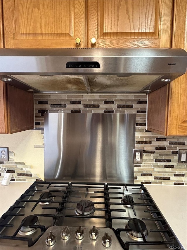 kitchen featuring stainless steel range, tasteful backsplash, and exhaust hood