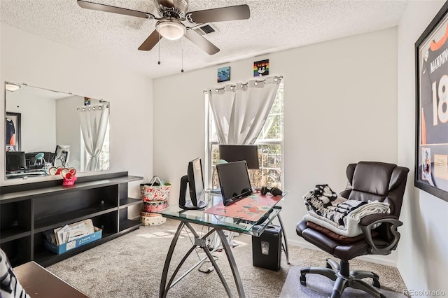 15685 E 50th Ave, Denver, CO 80239 - home office with a textured ceiling, visible vents, ceiling fan, and carpet floors