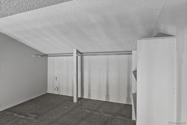 interior space with dark colored carpet, vaulted ceiling, a textured ceiling, and a textured wall