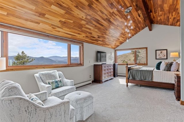 bedroom featuring lofted ceiling with beams, baseboard heating, a baseboard heating unit, wood ceiling, and light colored carpet