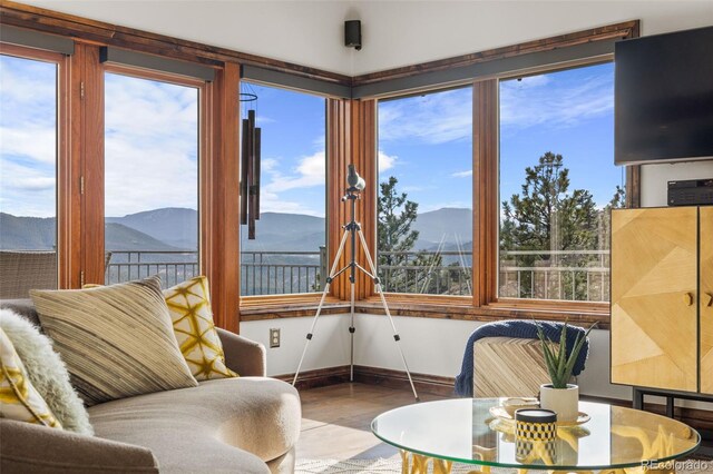sunroom with wood finished floors, baseboards, and a wealth of natural light