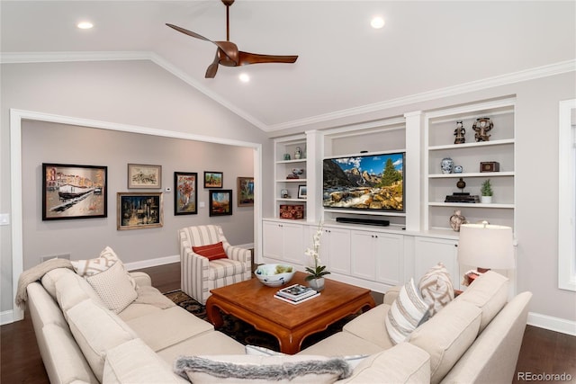 living room featuring dark wood-type flooring, vaulted ceiling, ornamental molding, and ceiling fan