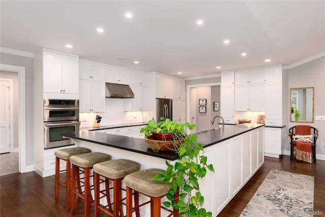 kitchen with white cabinetry, appliances with stainless steel finishes, range hood, and a large island with sink