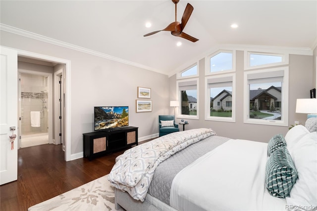 bedroom with vaulted ceiling, ornamental molding, dark hardwood / wood-style floors, and ceiling fan