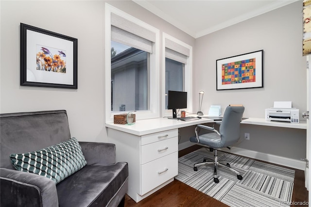 office area featuring crown molding and dark hardwood / wood-style floors