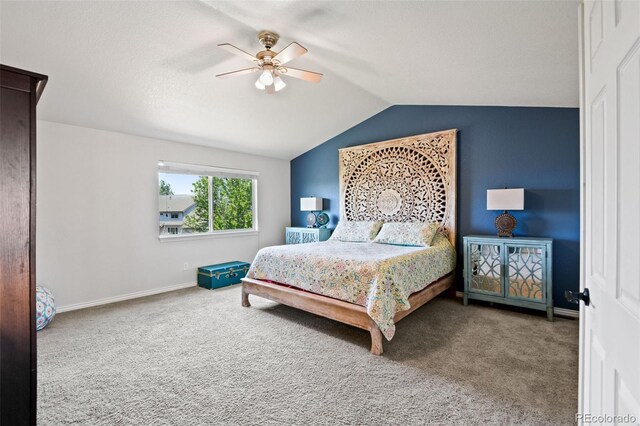 879 Quintana Ln, Erie, CO 80516 - bedroom featuring lofted ceiling, carpet, baseboards, and a ceiling fan