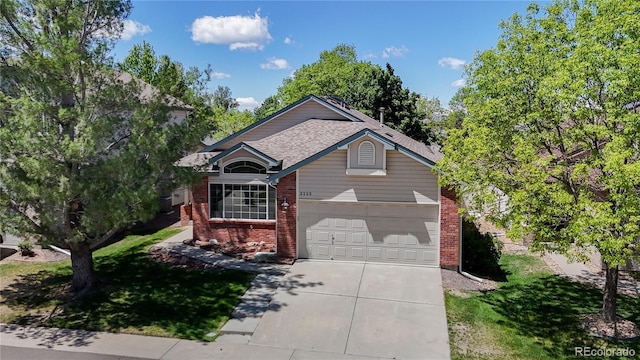 view of front facade featuring brick siding, concrete driveway, a garage, and roof with shingles